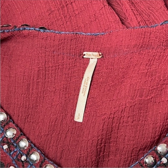 FREE‎ PEOPLE Burgundy Crinkle Sheer Embroidered Beaded Long Sleeve Boho Tunic S - Picture 5 of 6